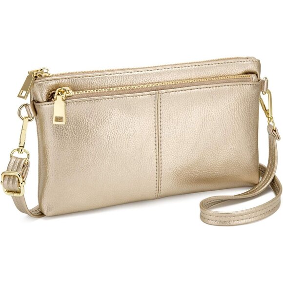 ⚡Women\'s Lightweight Gold Triple Zip Vegan Leather Clutch Wristlet Bag
